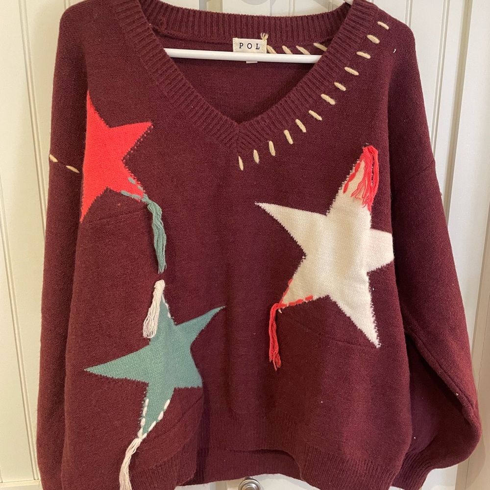 POL Burgundy V-Neck Sweater with Star Tassel Accents